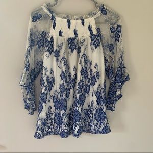 Cato Blue And White Floral Lace Blouse Size XS